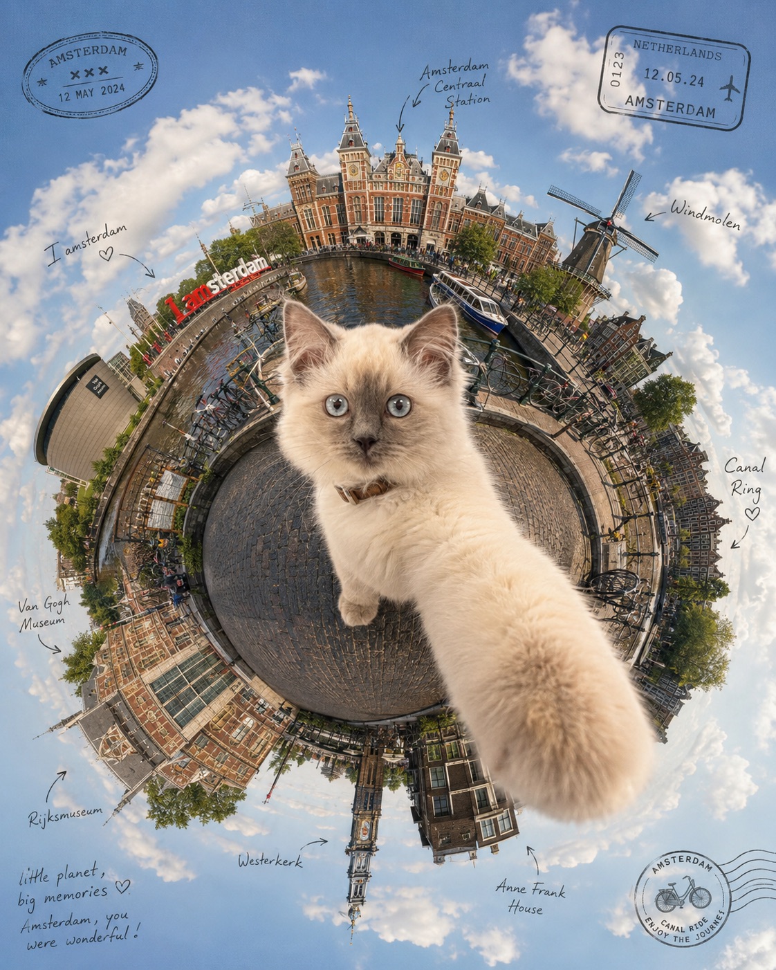 使用這個提示詞生成的 Amsterdam 小行星旅遊自拍 Demo 範例